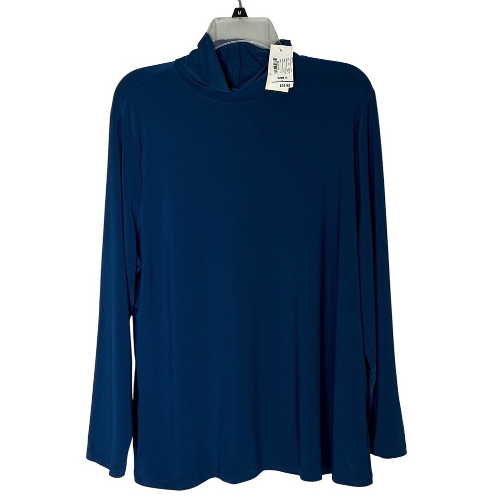 CJ‎ Banks Women Blue Long Sleeve Mock Neck Button Detail Tunic Top 1X Minimalist